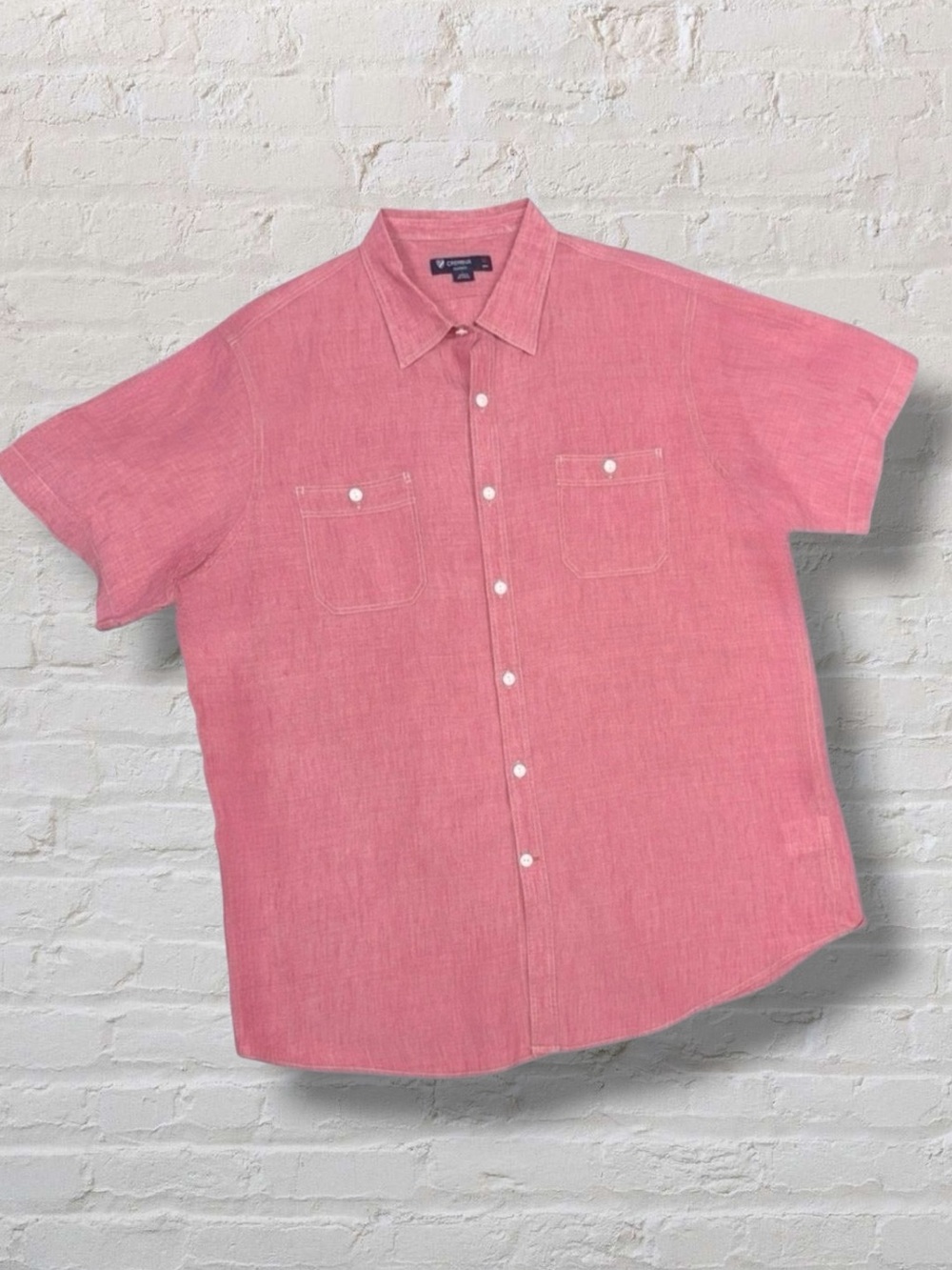 Crémieux 100% Linen Short Sleeve Button-Down Casual Shirt XL Pink Chambray